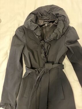 Bebe Ruffled Black Trench Coat with Puffed Collar and Bubble Hem
